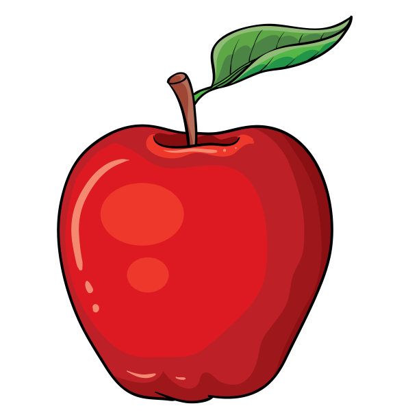 令人胃口大开的红色苹果，手柄上有一片绿叶，白色背景上的孤立物体，矢量图，图片下载