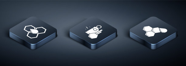 设置等距蜂窝，蜂窝和杯茶与蜂蜜图标。向量图片下载