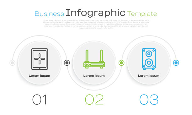 设置线平板电脑，路由器，wi-fi信号和立体声扬声器。业务信息模板。向量图片下载
