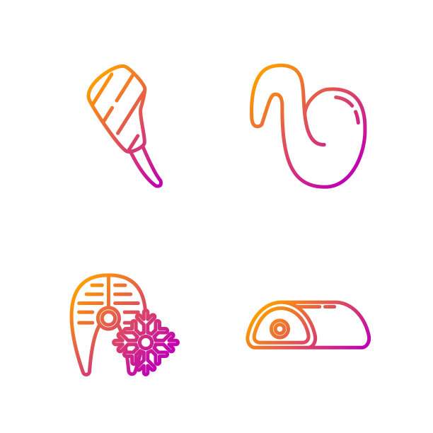 肉类，新鲜冷冻鱼排，肋眼牛排，炸鸡翅。渐变颜色图标。向量图片下载