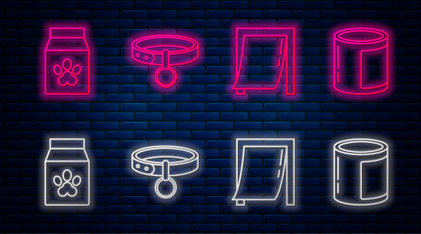 宠物门，宠物食品袋，罐头食品。砖墙上发光的霓虹灯图标。向量图片下载
