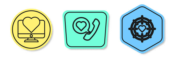 设线电脑显示器与心，电话与心语音泡和心镖靶的中心对准。颜色的形状。向量图片下载