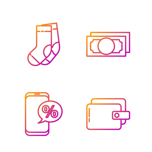 Set line Wallet, Percent discount and phone, Socks and Stacks paper money cash。渐变颜色图标。向量图片下载