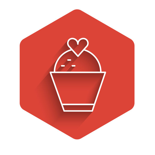 白色线婚礼蛋糕与心的图标孤立与长影子。红色的六角按钮。向量图片下载