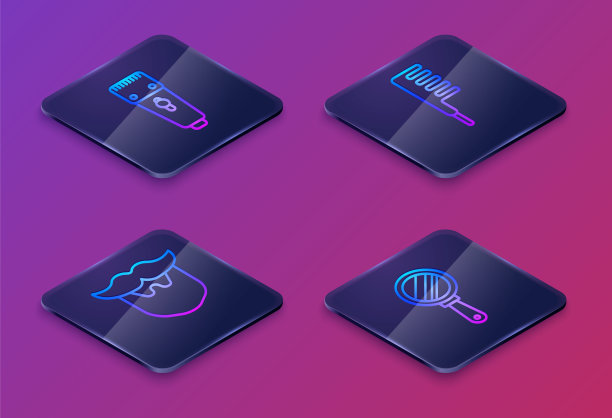 设置等距线电动理发器或剃须刀，胡子和胡须，发刷和手镜。蓝色方块按钮。向量图片下载