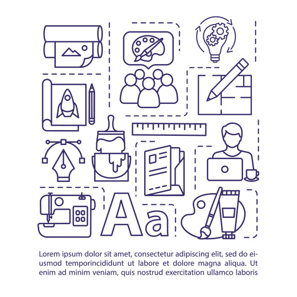 带有文本的设计工作室概念图标。创意机构。项目理念的团队协作。PPT页面矢量模板。宣传册，杂志，小册子设计元素与线性插图图片下载