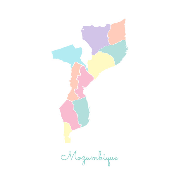 莫桑比克地区地图:彩色的白色轮廓。图片下载
