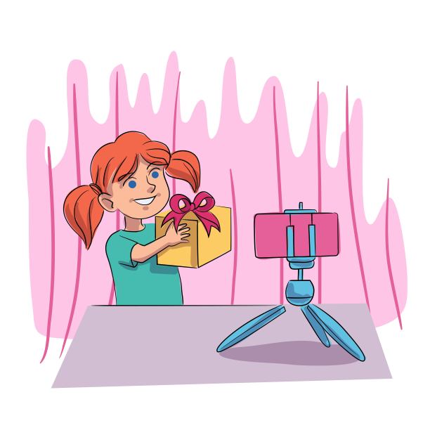 矢量女孩博主拍摄拆包礼物盒图片下载
