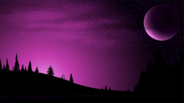 夜晚景观与一个大的行星在天空，星空，云和田野与针叶树图片下载