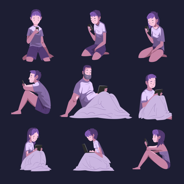 人们使用数字小工具在晚上收集，男性和女性玩在线视频游戏或聊天在社交网络矢量插图图片下载