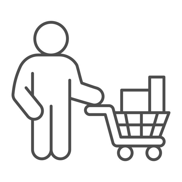 购买商品的顾客细线图标，市场概念， мужчина держащий тележку с товарами с покупками на белом фоне，带购物车购物者图标矢量图图片下载