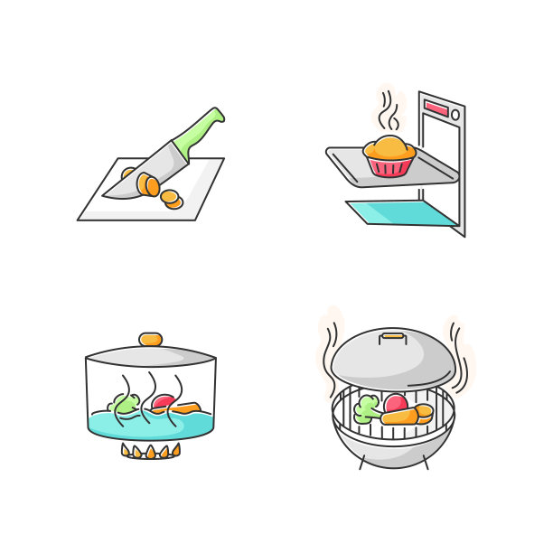 烹饪方法RGB彩色图标设置。各种烹饪技术，食物准备过程。切割，烘焙，炖和烧烤孤立的矢量插图图片下载