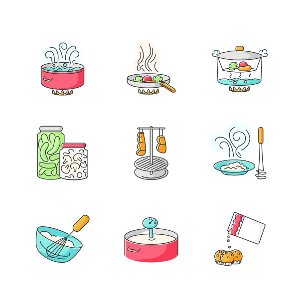 食物准备RGB颜色图标设置。不同的烹饪技术，不同的烹饪过程。各种配料和厨房用具隔离病媒插图图片下载