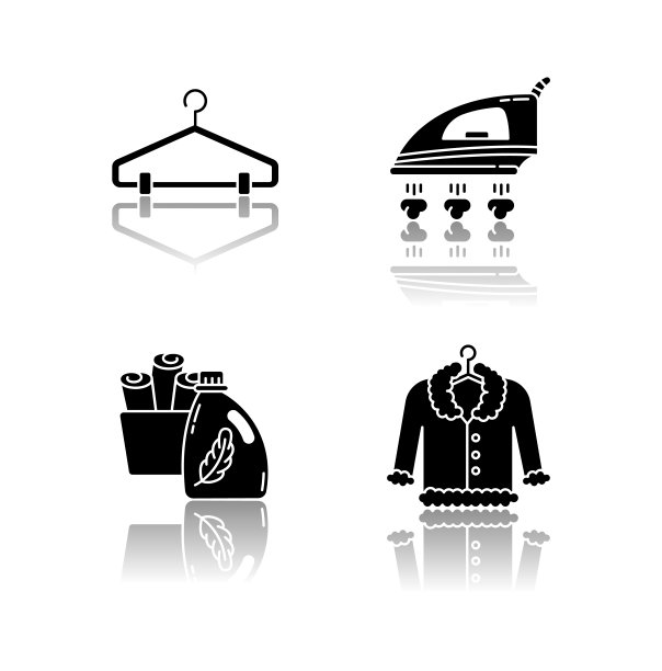 洗衣、衣物护理drop shadow黑色字形图标集。毛皮干洗和熨烫。织物柔软剂和干净的毛巾，盆，衣架和外套。孤立的矢量插图上的空白图片下载