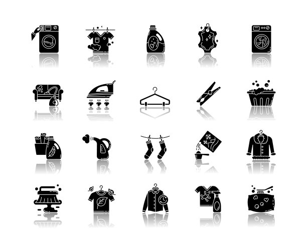 洗衣类型和设备投阴影黑色字形图标集。自助洗衣店，湿洗和干洗，快洗。洗涤和熨烫用具。孤立的矢量插图上的空白图片下载