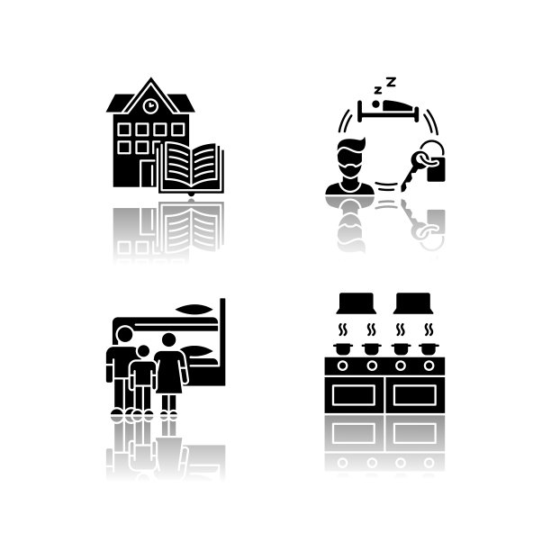 宿舍投影黑色象形文字图标集。家庭宿舍。公共厨房。常见的空间。共享的卧室。租。校园图书馆。生活条件。孤立的矢量插图上的空白图片下载