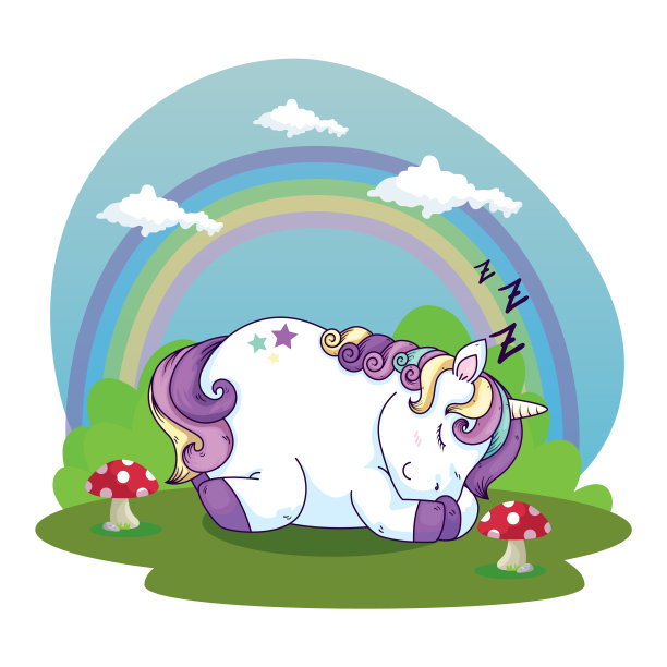 可爱的独角兽睡在有彩虹的风景里图片下载