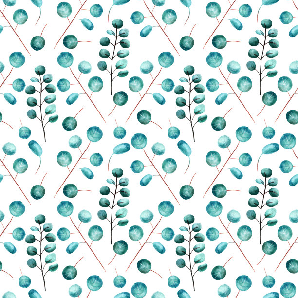 无缝模式与桉树枝和树叶。水彩图片下载