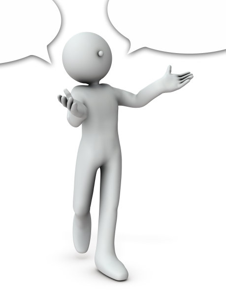 一个充满热情地解释的角色。用气泡说话。白色背景。3 d演示。图片下载