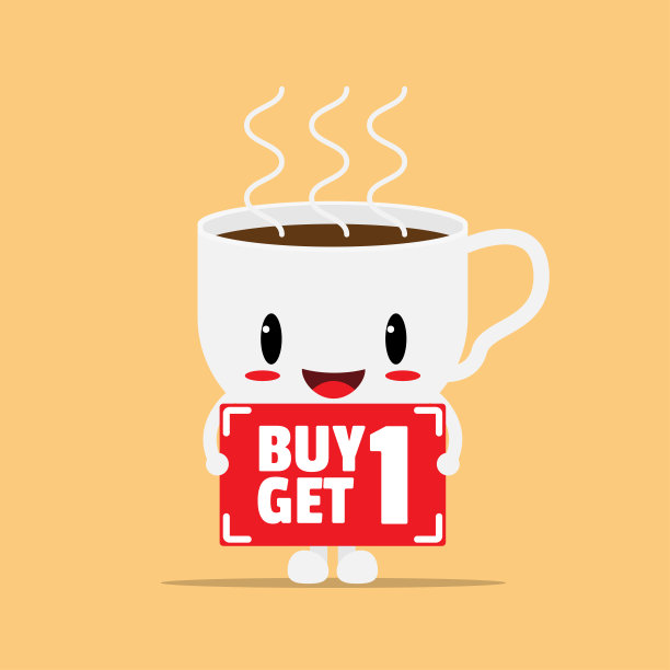 咖啡杯卡通人物展示刻有“买一得一”平面矢量背景的促销标志。图片下载