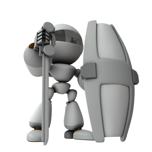 一个拿着大刀和盾牌的机器人。它代表安全。白色背景。3 d演示。图片下载