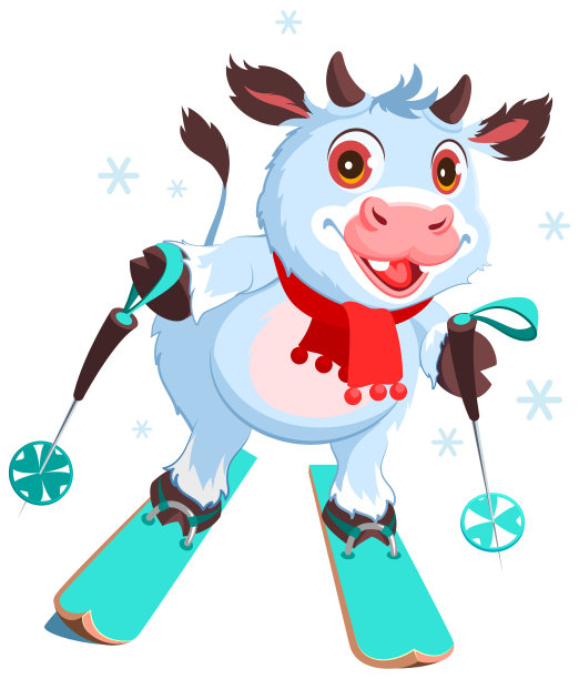白色奶牛标志2021滑雪。有趣的矢量卡通插图图片下载