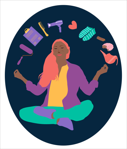 女孩在家冥想。在做瑜伽和国内交易检疫，保持冷静的卡通矢量插图。图片下载