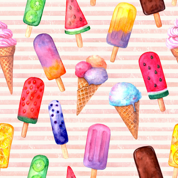 水彩手绘复古风格多色冰淇淋无缝图案。图片下载
