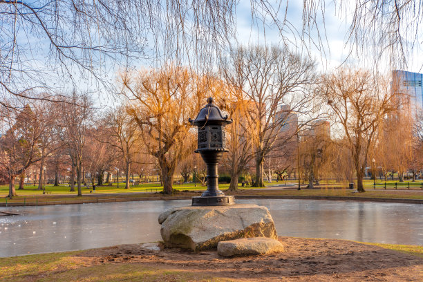 在波士顿公共花园附近的罗宾威廉姆斯公园长凳在秋季，早上时间的池塘。图片下载