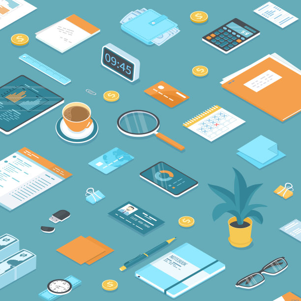 工作场所的桌面背景。俯视图的桌子，许多办公用品，文件，平板，文件夹，钱包，电话，信用卡，花盆等。业务背景、组织机构等三维矢量图片下载