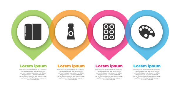 设置纸巾卷，管与油漆调色板，水彩颜料盒和调色板。业务信息模板。向量图片下载