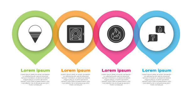 设置消防锥桶，消防水龙带柜，消防火焰和电话报警。业务信息模板。向量图片下载