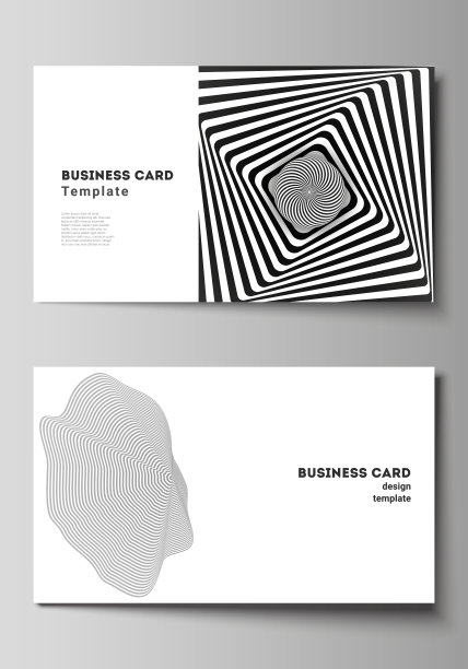 极简抽象矢量插图布局的两个创意名片设计模板。抽象三维几何背景与光学错觉黑白图案设计。素材图片