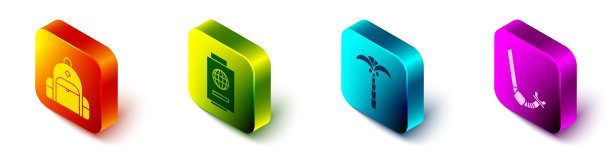 设置等距徒步背包，护照与票，热带棕榈树和通气管图标。向量图片下载