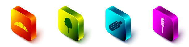 设置等距羊角面包，棉花糖，法国热狗和油炸香肠图标。向量图片下载