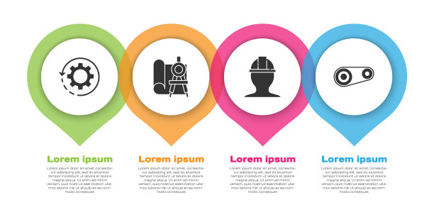 设置齿轮和箭头作为工作流程，图纸和指南针，工人安全帽和同步带套件。业务信息模板。向量图片下载