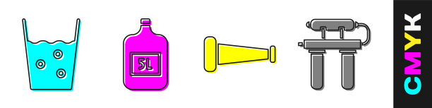 设置玻璃与水，大瓶子与清洁水，工业金属管和水过滤器图标。向量图片下载