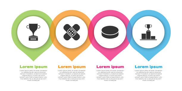 设置奖杯，交叉绷带石膏，冰球和曲棍球在体育冠军领奖台。业务信息模板。向量图片下载