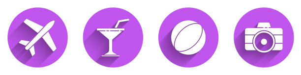 设置飞机，马提尼玻璃，海滩球和照片相机图标与长影子。向量图片下载