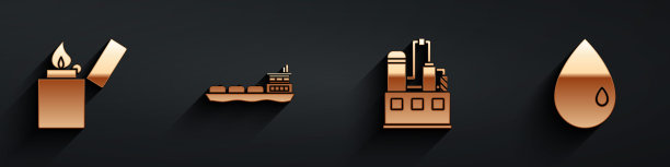 设置打火机，油轮船，石油工业厂房和石油滴图标与长阴影。向量图片下载