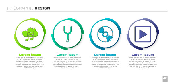 设置音乐流媒体服务，音乐音叉，CD或DVD光盘和播放在方形。业务信息模板。向量图片下载