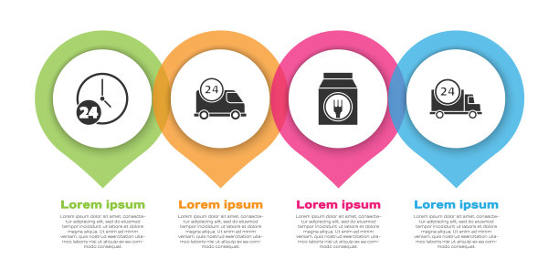 设置时钟24小时，汽车快速配送，在线订购和配送，汽车快速配送。业务信息模板。向量图片下载