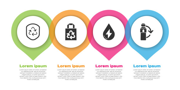 在盾牌，纸袋，水能和可循环塑料瓶内设置可循环标志。业务信息模板。向量图片下载