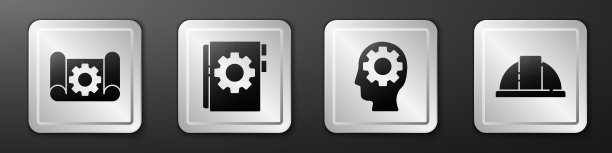 设置绘图纸和齿轮，使用手册，内置齿轮的人头和工人安全帽图标。银广场按钮。向量图片下载