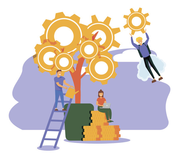 平面矢量插图，团队工作寻找新思路，小人物作为植物启动机制，寻找新的解决方案，创造性的工作图片下载