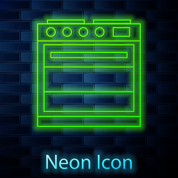 霓虹灯线烤箱图标孤立在砖墙的背景。煤气炉标志。矢量图图片下载