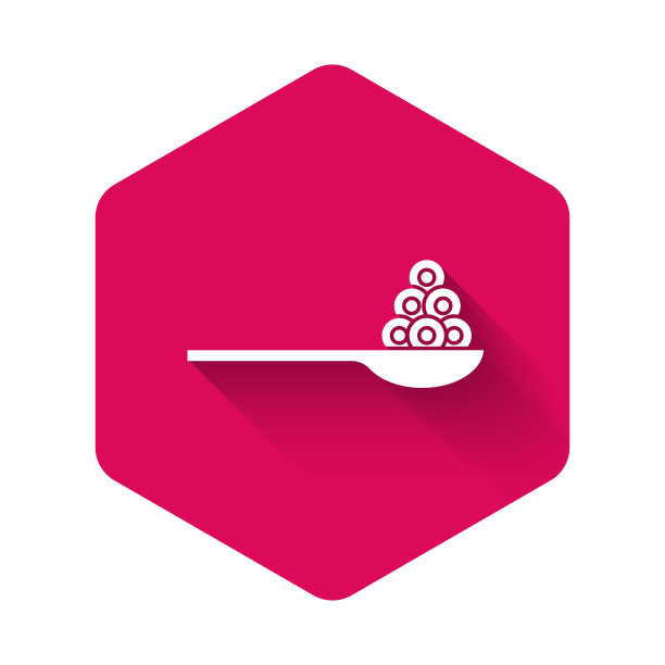白色鱼子酱勺上的图标孤立与长影子。粉红色的六角按钮。向量图片下载
