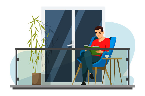 一个人正在他房子的阳台上看书图片下载