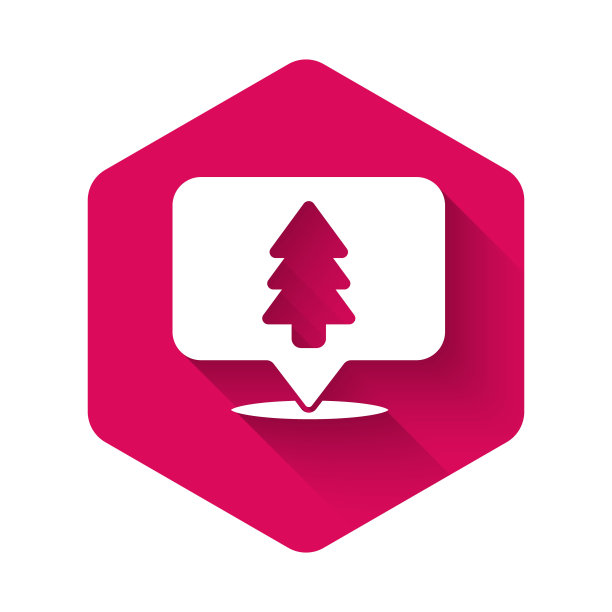 白色:地图上的森林位置，图标与长阴影隔离。粉红色的六角按钮。矢量图图片下载