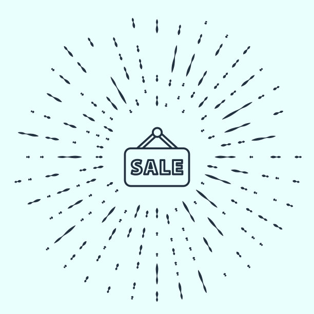 黑色线悬挂标志与文字销售图标孤立在灰色背景。招牌上有文字销售。抽象的圆随机点。矢量图图片下载